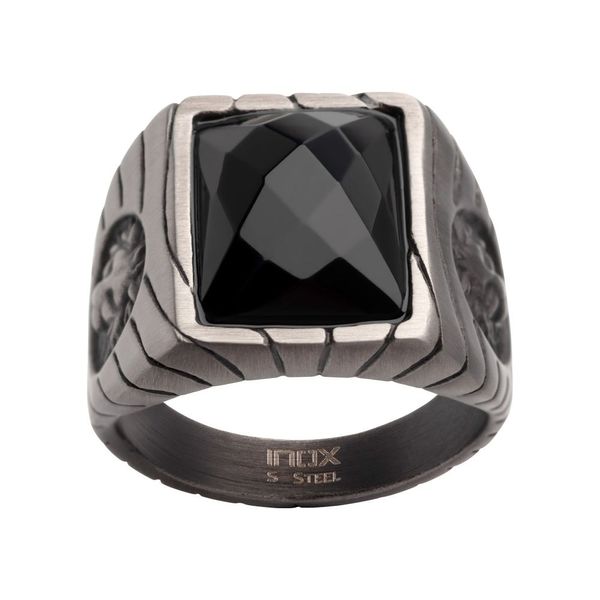 Matte Finish Gun Metal IP with African Lion Sigil & Faceted Black Agate Stone Signet Ring Image 2 Ritzi Jewelers Brookville, IN