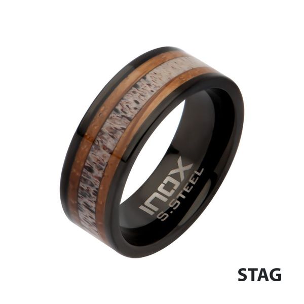 Black IP Stainless Steel Deer Antler Sapele Wood Inlay Stag Comfort Fit Ring Wesche Jewelers Melbourne, FL