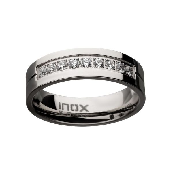 Stainless Steel Polished Steel ComfortFit Band with CZ's in Bead Channel Setting Ring Image 2 Ritzi Jewelers Brookville, IN