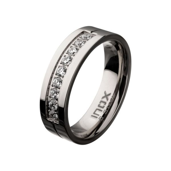 Stainless Steel Polished Steel Comfort-Fit Band with CZ's in Bead Channel Setting Ring Spath Jewelers Bartow, FL