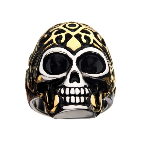 Oxidized Stainless Steel & Gold IP Skull Ring Image 2 Morin Jewelers Southbridge, MA