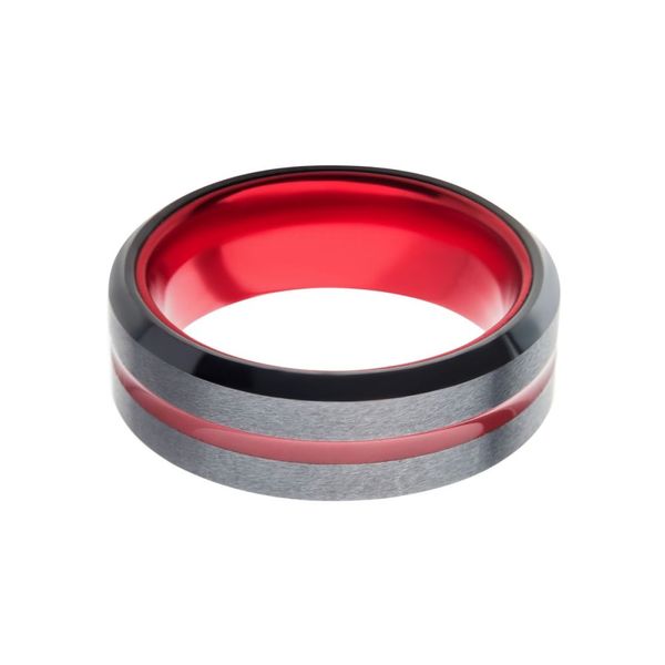 Red Aluminum Inlay Black IP Steel Beveled Comfort Fit Ring Image 2 Carroll / Ochs Jewelers Monroe, MI