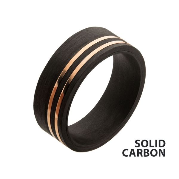 Solid Carbon with Inlayed Rose Gold Thin Lines Comfort Fit Ring Morin Jewelers Southbridge, MA
