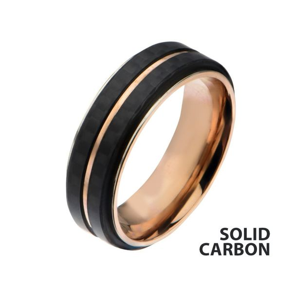 INOX Rose Gold IP with Double Line Solid Carbon Fiber Ring | Cellini Design  Jewelers | Orange, CT