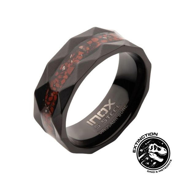 Black IP Steel Red Dinosaur Bone Inlay Comfort Fit Ring Cellini Design Jewelers Orange, CT