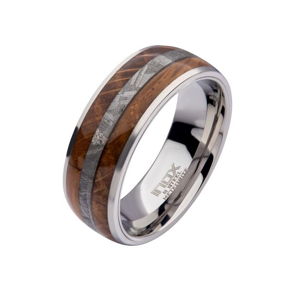 8mm Wood & Meteorite Inlay Steel Comfort Fit Ring Daniel Jewelers Brewster, NY