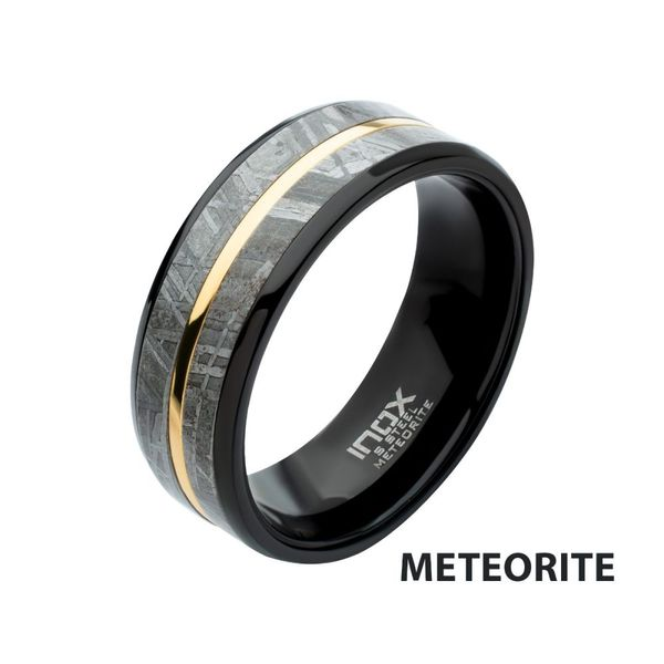 Black Hammered Flat Poseidon Meteorite/Gold Leaf Inlay- Steel Ring 8mm / 15
