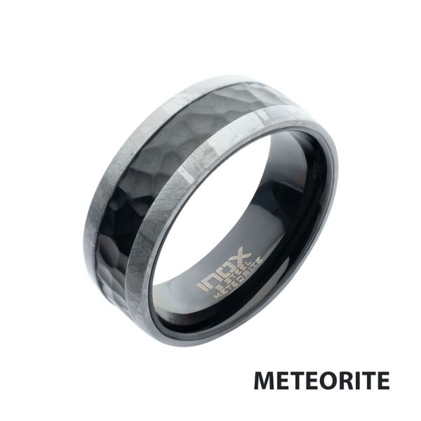 Meteorite Edge Black IP Steel Hammered Ring Thomas A. Davis Jewelers Holland, MI