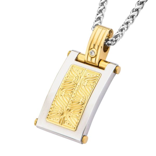 Steel Polished with White-4 S12-S13 1.40mm CT Diamond Intricate Carved Gold IP Dog Tag Pendant with Chain Image 2 Mueller Jewelers Chisago City, MN