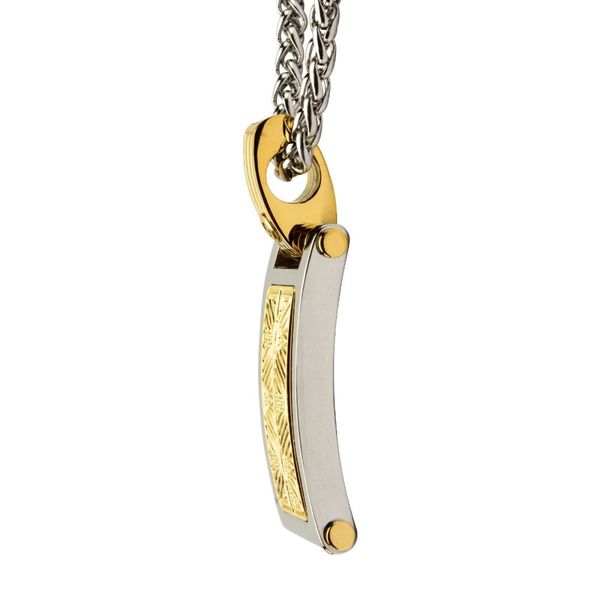 Steel Polished with White-4 S12-S13 1.40mm CT Diamond Intricate Carved Gold IP Dog Tag Pendant with Chain Image 3 Peran & Scannell Jewelers Houston, TX