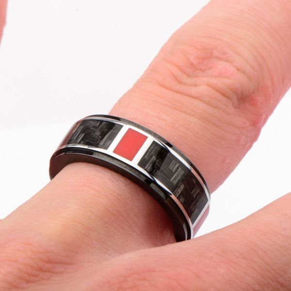 Polished Finish Black IP with a dash of red Carbon Fiber Weave Pattern Ring Image 3 Ken Walker Jewelers Gig Harbor, WA