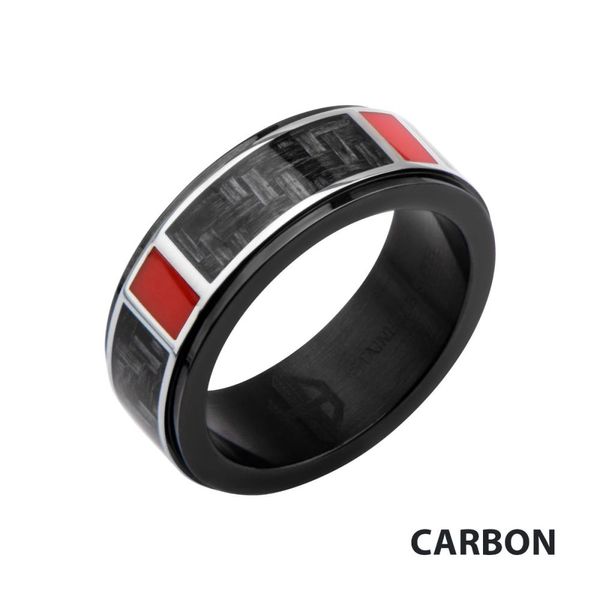 Polished Finish Black IP with a dash of red Carbon Fiber Weave Pattern Ring Ken Walker Jewelers Gig Harbor, WA