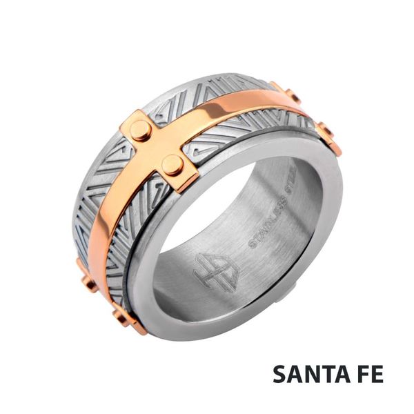 Rose Gold IP Bar Accent with Gray Steel Labyrintine Ring Alan Miller Jewelers Oregon, OH