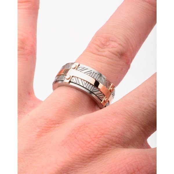 Rose Gold IP Bar Accent with Gray Steel Labyrintine Coin Stamped Pattern Ring Image 3 Wesche Jewelers Melbourne, FL