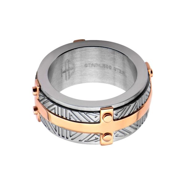 Rose Gold IP Bar Accent with Gray Steel Labyrintine Ring Image 2 Ware's Jewelers Bradenton, FL