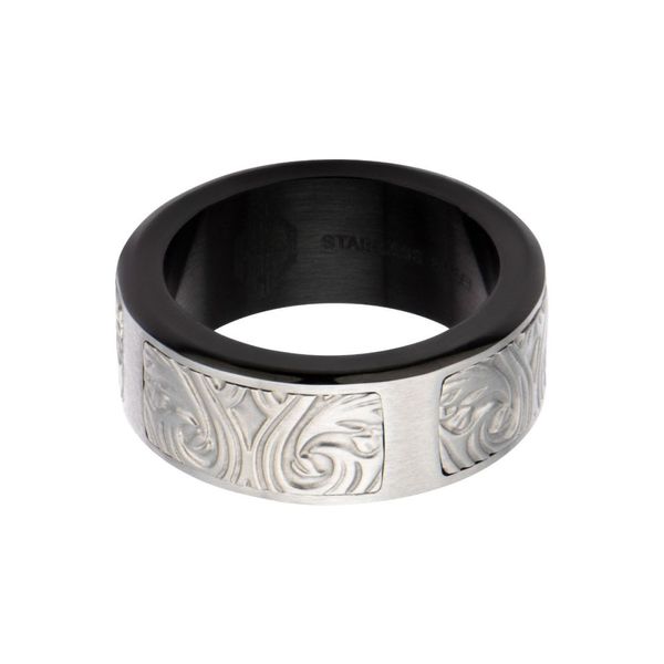 Black IP Stainless Steel Bold Ornate Texture Ring Image 2 Alan Miller Jewelers Oregon, OH