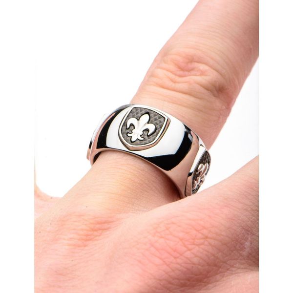 Polished Steel Finish Fleur de Lis Accent Mounted on a Brushed Gun Metal IP Ring Image 3 Lewis Jewelers, Inc. Ansonia, CT
