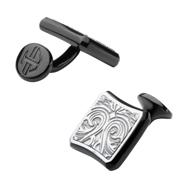 Black IP Stainless Steel Bold Ornate Texture Cuff Links Image 2 Mitchell's Jewelry Norman, OK