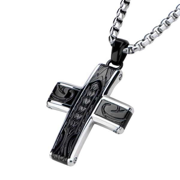 Black IP Engrave Spade Design in Cross Pendant with Chain Image 2 Glatz Jewelry Aliquippa, PA