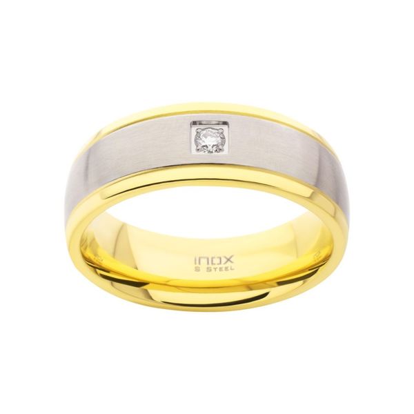 18Kt Gold IP Steel Two Tone Solitaire Accented Clear Lab-Grown Diamond Comfort Fit Ring Image 2 Glatz Jewelry Aliquippa, PA