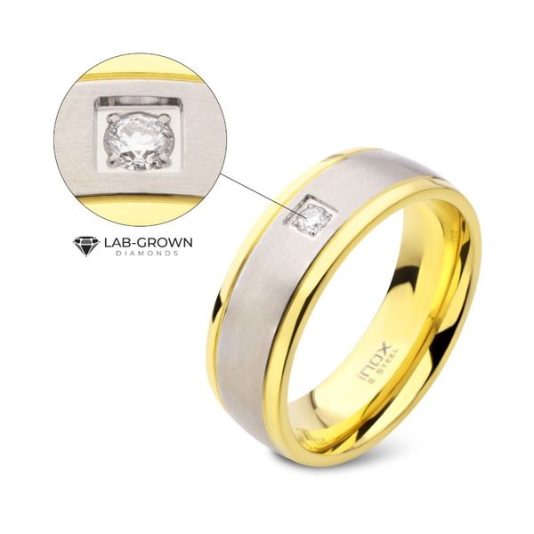 18Kt Gold IP Steel Two Tone Solitaire Accented Clear Lab-Grown Diamond Comfort Fit Ring Selman's Jewelers-Gemologist McComb, MS