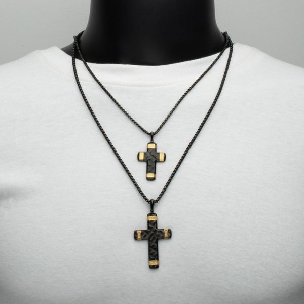 Matte Finish Black IP Carved Steel Large Cross Pendant with 18K Gold IP accents & Lab-Grown Diamonds Image 5 Cellini Design Jewelers Orange, CT