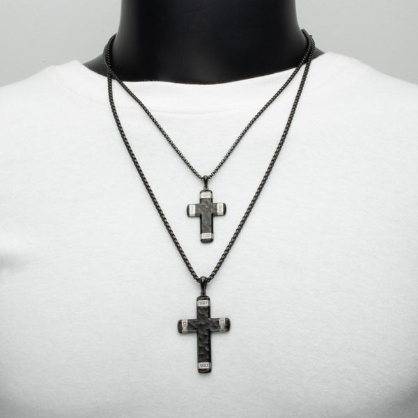 Matte Finish Black IP Carved Steel Large Cross Pendant with steel accents & Lab-Grown Diamonds Image 5 Van Scoy Jewelers Wyomissing, PA
