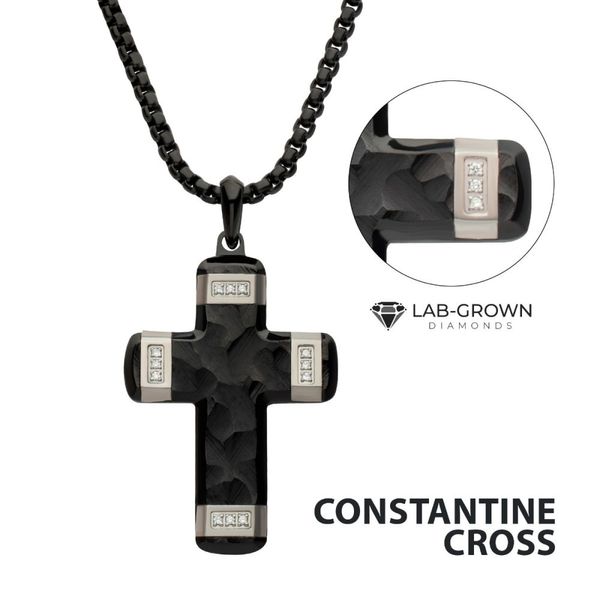 Matte Finish Black IP Carved Steel Small Cross Pendant with steel accents & Lab-Grown Diamonds Spath Jewelers Bartow, FL