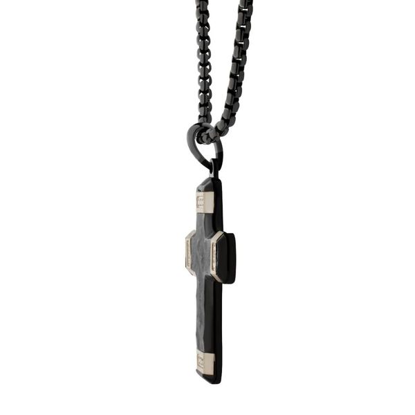 Matte Finish Black IP Carved Steel Small Cross Pendant with steel accents & Lab-Grown Diamonds Image 3 Van Scoy Jewelers Wyomissing, PA