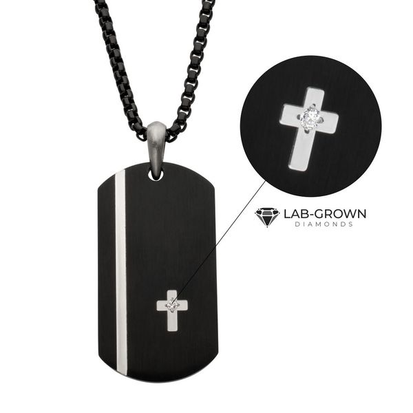 Black IP Steel Dog Tag Pendant with Solitaire Accented Clear Lab-Grown Diamond Cross Inlay Selman's Jewelers-Gemologist McComb, MS