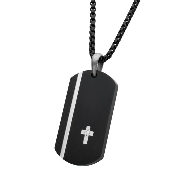 Black IP Steel Dog Tag Pendant with Solitaire Accented Clear Lab-Grown Diamond Cross Inlay Image 2 Carroll / Ochs Jewelers Monroe, MI