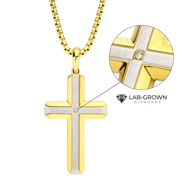 18Kt Gold IP Steel Lab-Grown Diamond Brushed Finish Cross Pendant Cellini Design Jewelers Orange, CT