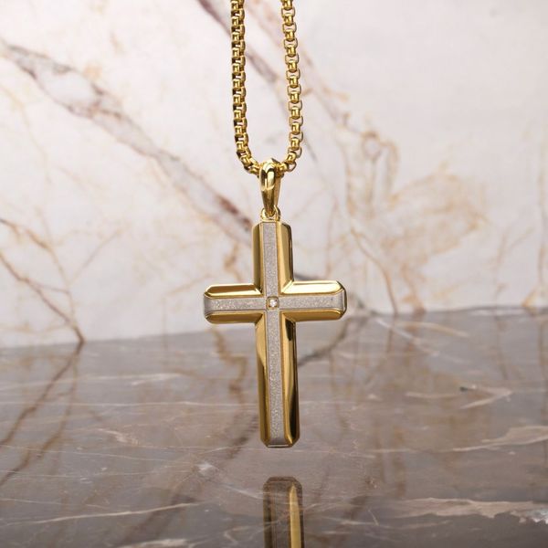 18Kt Gold IP Steel Lab-Grown Diamond Brushed Finish Cross Pendant Image 4 Meritage Jewelers Lutherville, MD