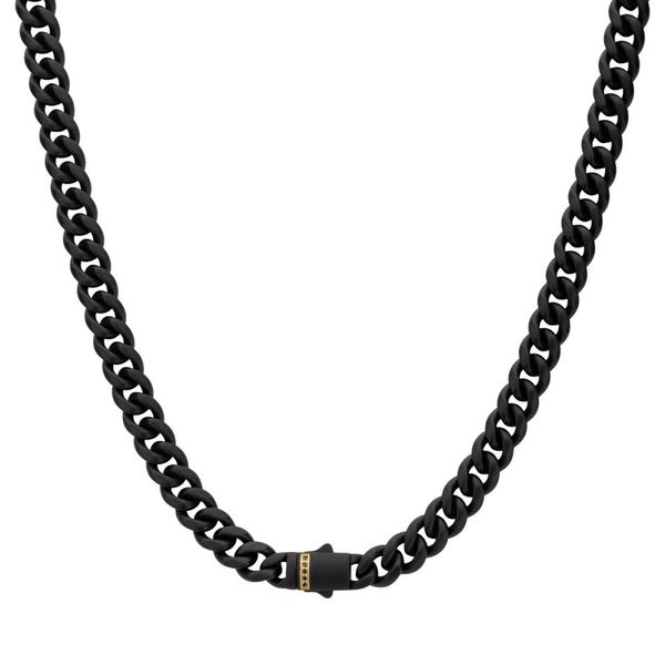 Black IP Steel Matte Finish Miami Cuban Chain Necklace with Genuine Black Sapphire Gem Image 2 Alexander Fine Jewelers Fort Gratiot, MI