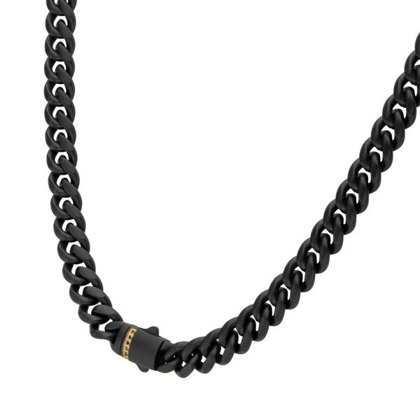 Black IP Steel Matte Finish Miami Cuban Chain Necklace with Genuine Black Sapphire Gem Image 3 Banks Jewelers Burnsville, NC