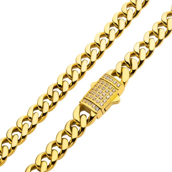 6mm 18K Gold Plated Miami Cuban Chain Necklace with CNC Precision Set CZ Double Tab Box Clasp  Cellini Design Jewelers Orange, CT