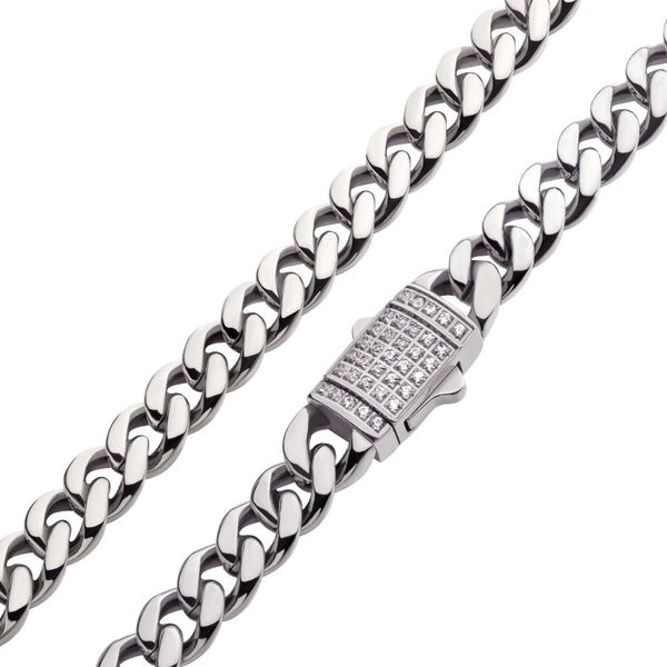 6mm Steel Miami Cuban Chain Necklace with CNC Precision Set CZ Double Tab Box Clasp  Lewis Jewelers, Inc. Ansonia, CT