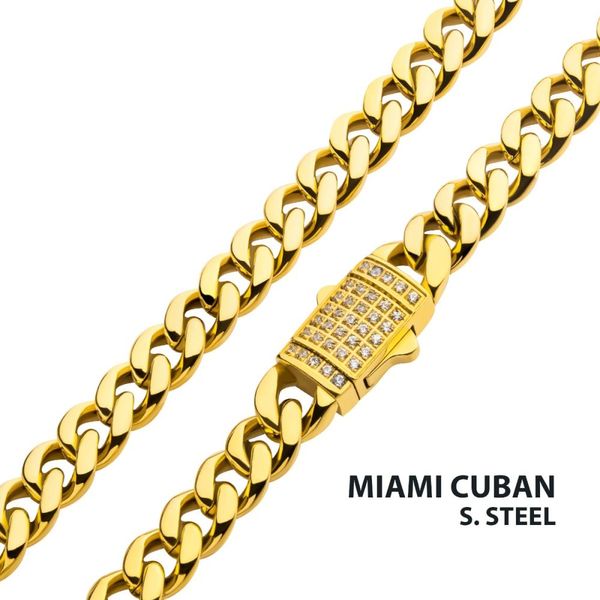 6mm 18K Gold Plated Miami Cuban Chain Necklace with CNC Precision Set CZ Double Tab Box Clasp  Leitzel's Jewelry Myerstown, PA