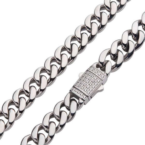 8mm Steel Miami Cuban Chain Necklace with CNC Precision Set CZ Double Tab Box Clasp  Wesche Jewelers Melbourne, FL