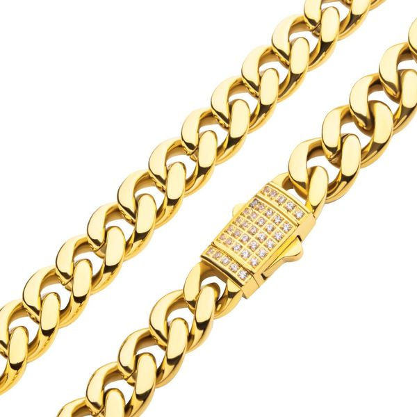 8mm 18K Gold Plated Miami Cuban Chain Necklace with CNC Precision Set CZ Double Tab Box Clasp  Ask Design Jewelers Olean, NY