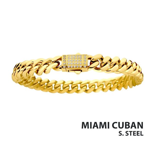 8mm 18K Gold Plated Miami Cuban Chain Bracelet with CNC Precision Set CZ Double Tab Box Clasp  Cellini Design Jewelers Orange, CT