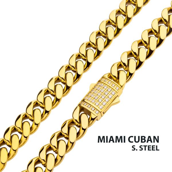 10mm 18K Gold Plated Miami Cuban Chain Necklace with CNC Precision Set CZ Double Tab Box Clasp  P.K. Bennett Jewelers Mundelein, IL