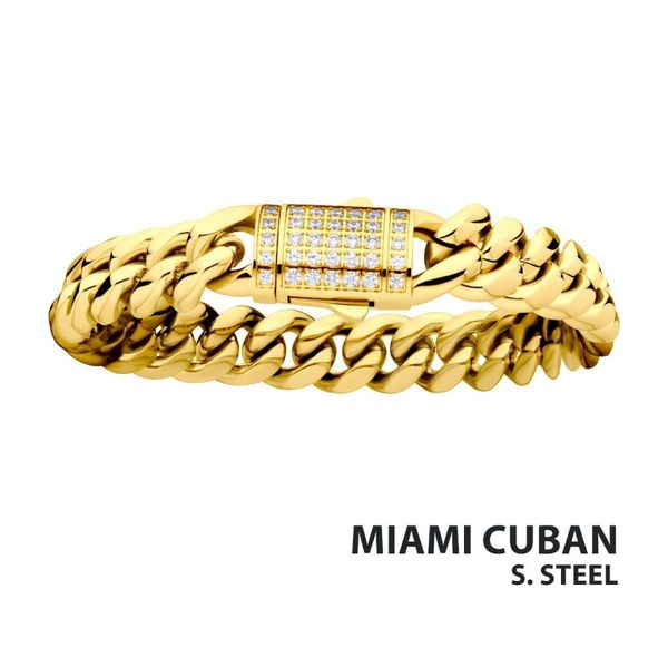 12mm 18Kt Gold IP Miami Cuban Chain Bracelet with CNC Precision Set Full  Clear Lab-grown Diamonds