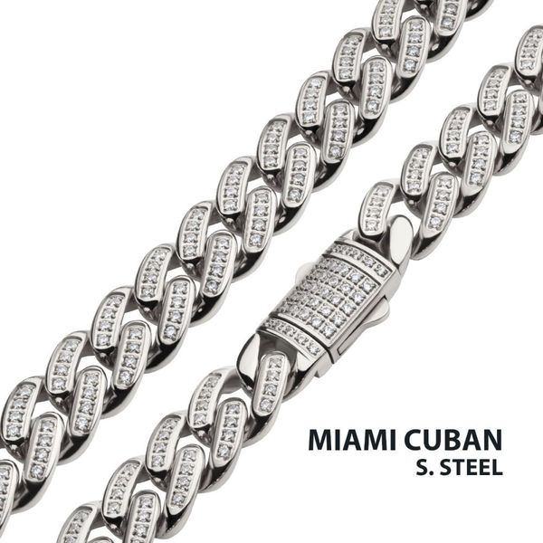 12mm Steel Miami Cuban Chain Necklace with CNC Precision Set Full Clear Cubic Zirconia Double Tab Box Clasp Alexander Fine Jewelers Fort Gratiot, MI