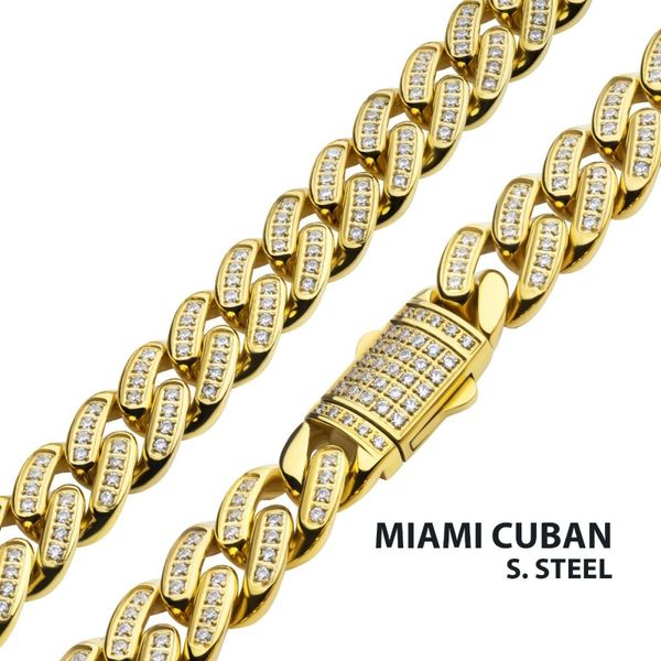 12mm 18Kt Gold IP Miami Cuban Chain Bracelet with CNC Precision Set Full  Clear Cubic Zirconia