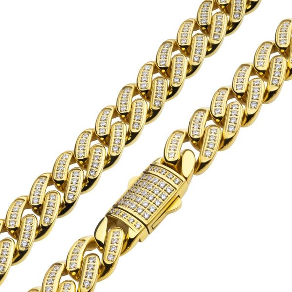 12mm 18Kt Gold IP Miami Cuban Chain Necklace with CNC Precision Set Full Clear Cubic Zirconia Double Tab Box Clasp Morin Jewelers Southbridge, MA