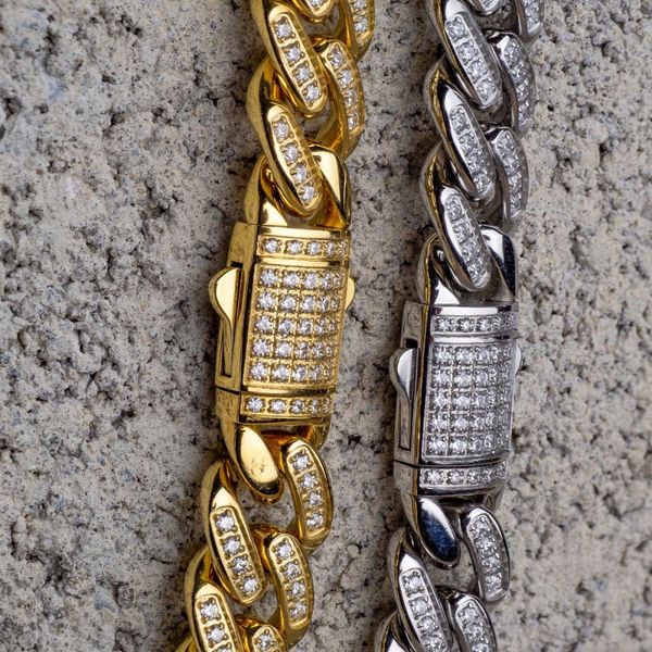 12mm 18Kt Gold IP Miami Cuban Chain Necklace with CNC Precision Set Full Clear Cubic Zirconia Double Tab Box Clasp Image 4 Morin Jewelers Southbridge, MA