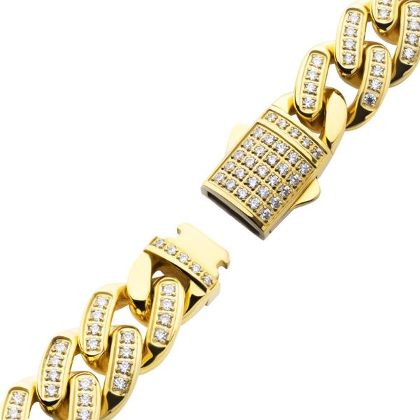 12mm 18Kt Gold IP Miami Cuban Chain Bracelet with CNC Precision Set Full Clear Cubic Zirconia Double Tab Box Clasp Image 3 Lewis Jewelers, Inc. Ansonia, CT
