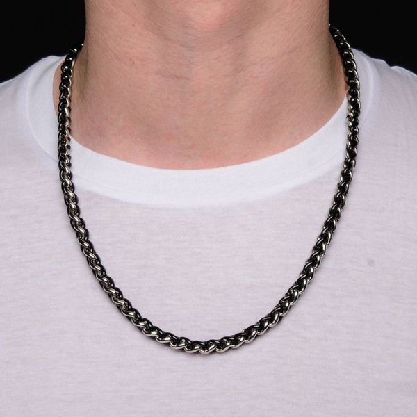 Men's Solid Wheat Chain Necklace Black Ion-Plated Stainless Steel 24