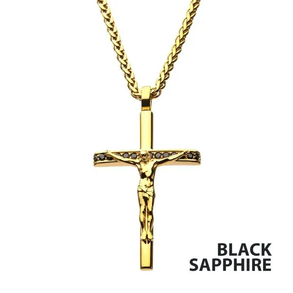 Locket Chain Jesus Christ Cross Locket 18Kt Gold IP Steel CNC Set